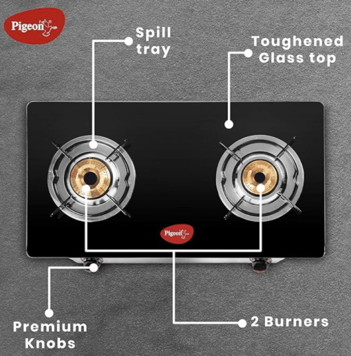 Pigeon by Stovekraft Favourite Glass Top 2 Burner Gas Stove, Manual Ignition (Black) - Image 2